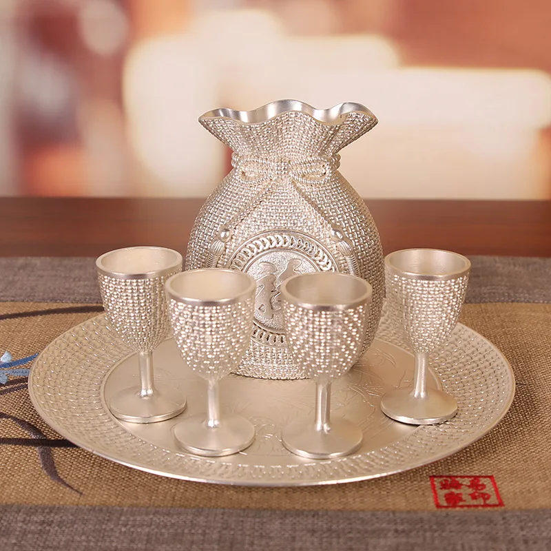 Six-piece Set of New Chinese Design High-end Wine Set Household Wine Jug Metal Goblet Lucky Bag Liquor Glass Shot Glasses Set