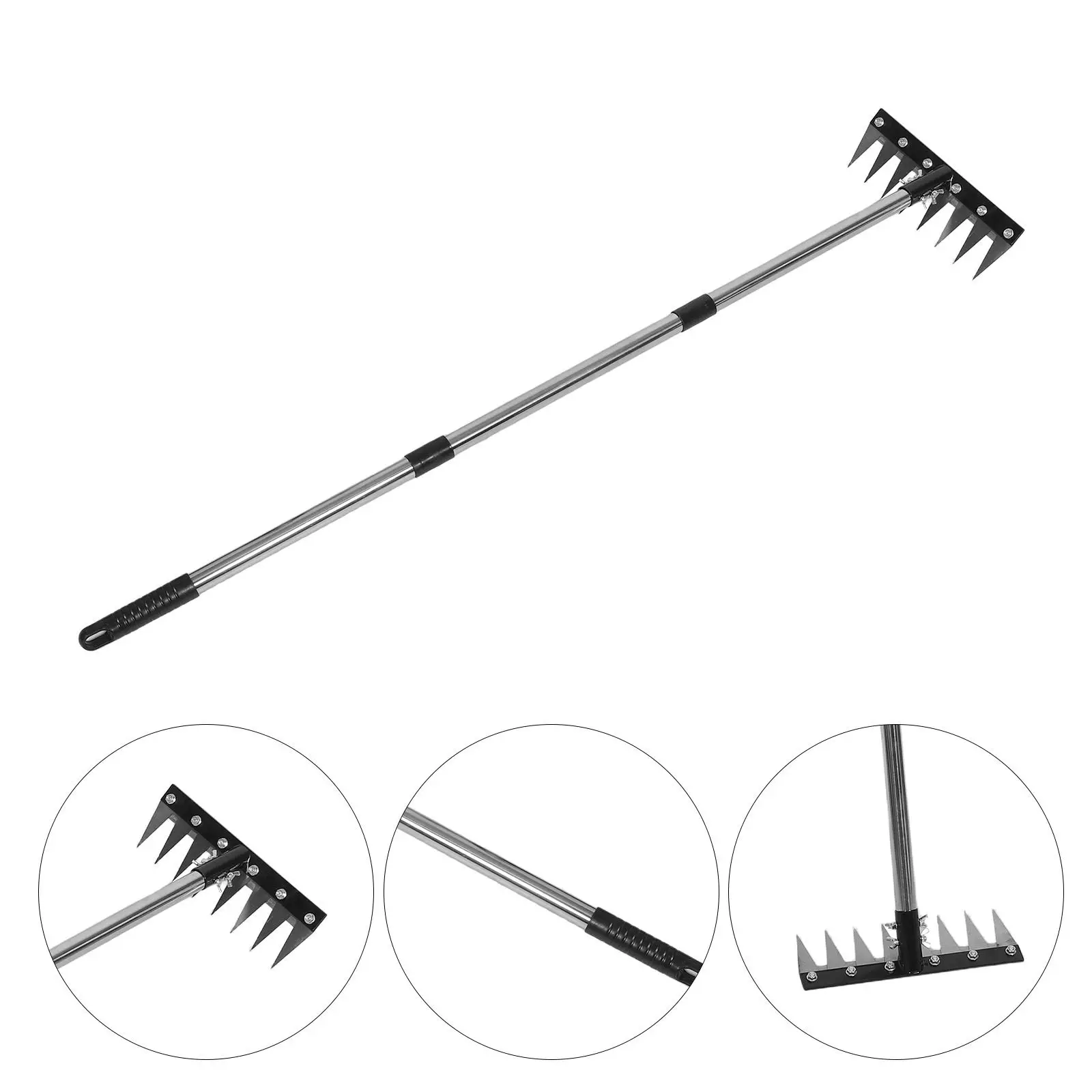 Garden Hand Rake Adjustable Metal Hoe Tool 47 Inch Wide Head Heavy Duty Iron Rake for Soil Loosening Weed Removal Lawn Leveling