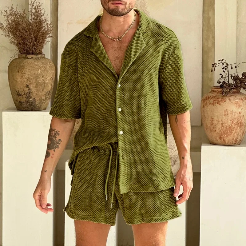 Beach Style Breathable Knitted Mens Set Summer Casual Pure Color Short Sleeve Knit Shirt And Shorts Two Piece Suits Men Outfits