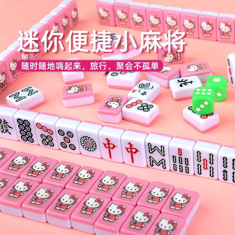 Kawaii Sanrio Anime Hello Kitty Mahjong Board Game Set Entertainment Playing Cards Portable Mahjong Gioco Boy Girls Toys Gifts