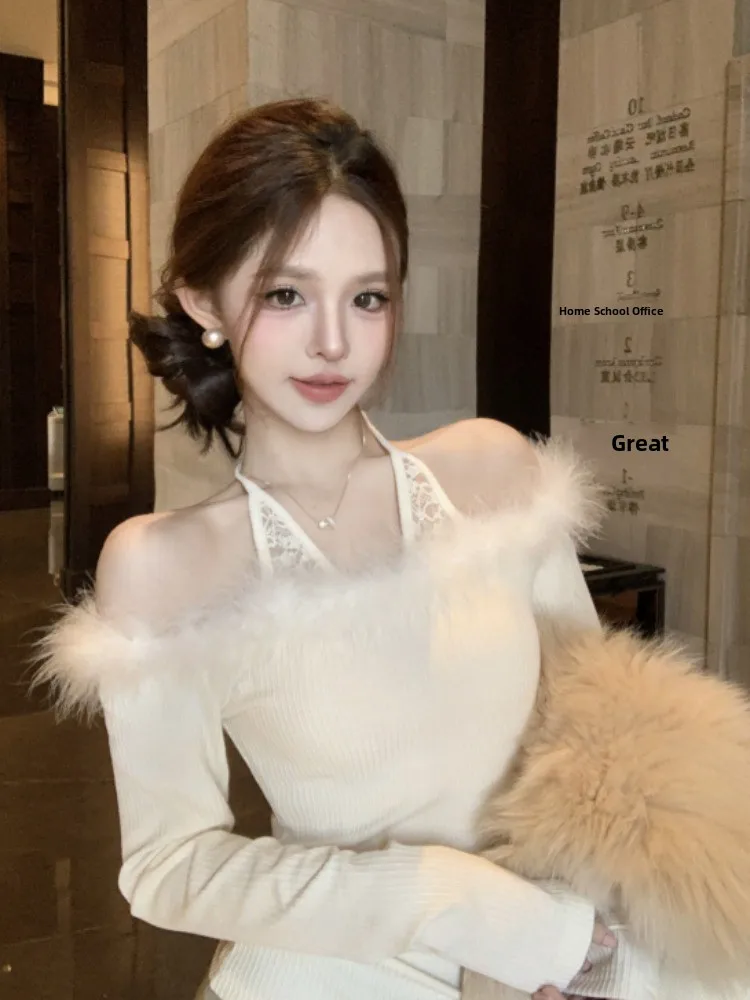 

Pure Desire Lace Splice Knitted Base Shirt Women's Autumn Winter Slim Fit Sexy Spicy One Shoulder Hanging Neck Top Women