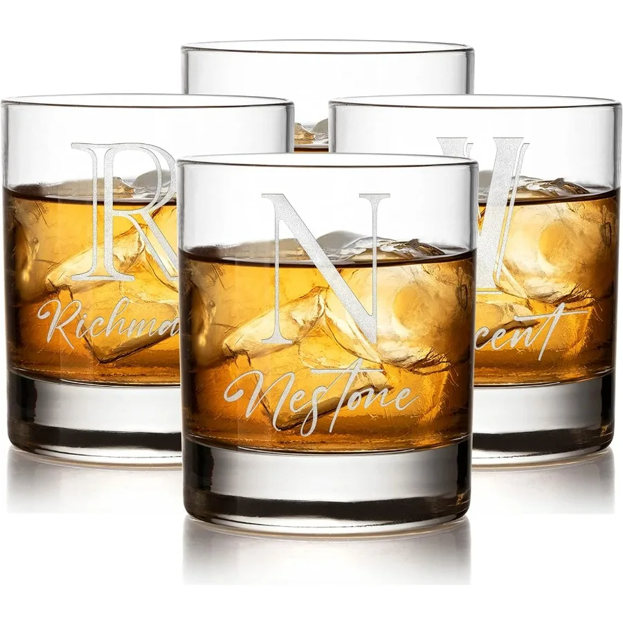 

Набор из 4 персонализированных стаканов для виски, стаканов для скотча на заказ, 10 унций, 5 начальных дизайнов, набор стаканов для виски с гравировкой, B