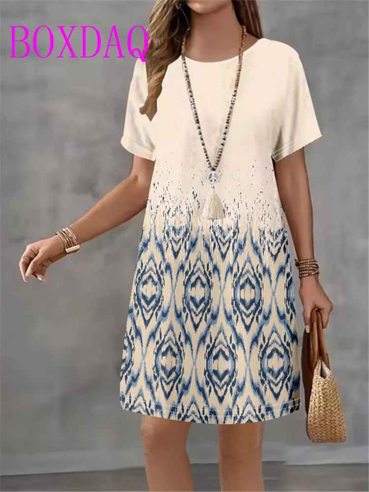 

Винтажное женское платье с цветочным принтом и коротким рукавом с круглым вырезом, свободное повседневное платье трапециевидной формы, женский летний сарафан в стиле ретро