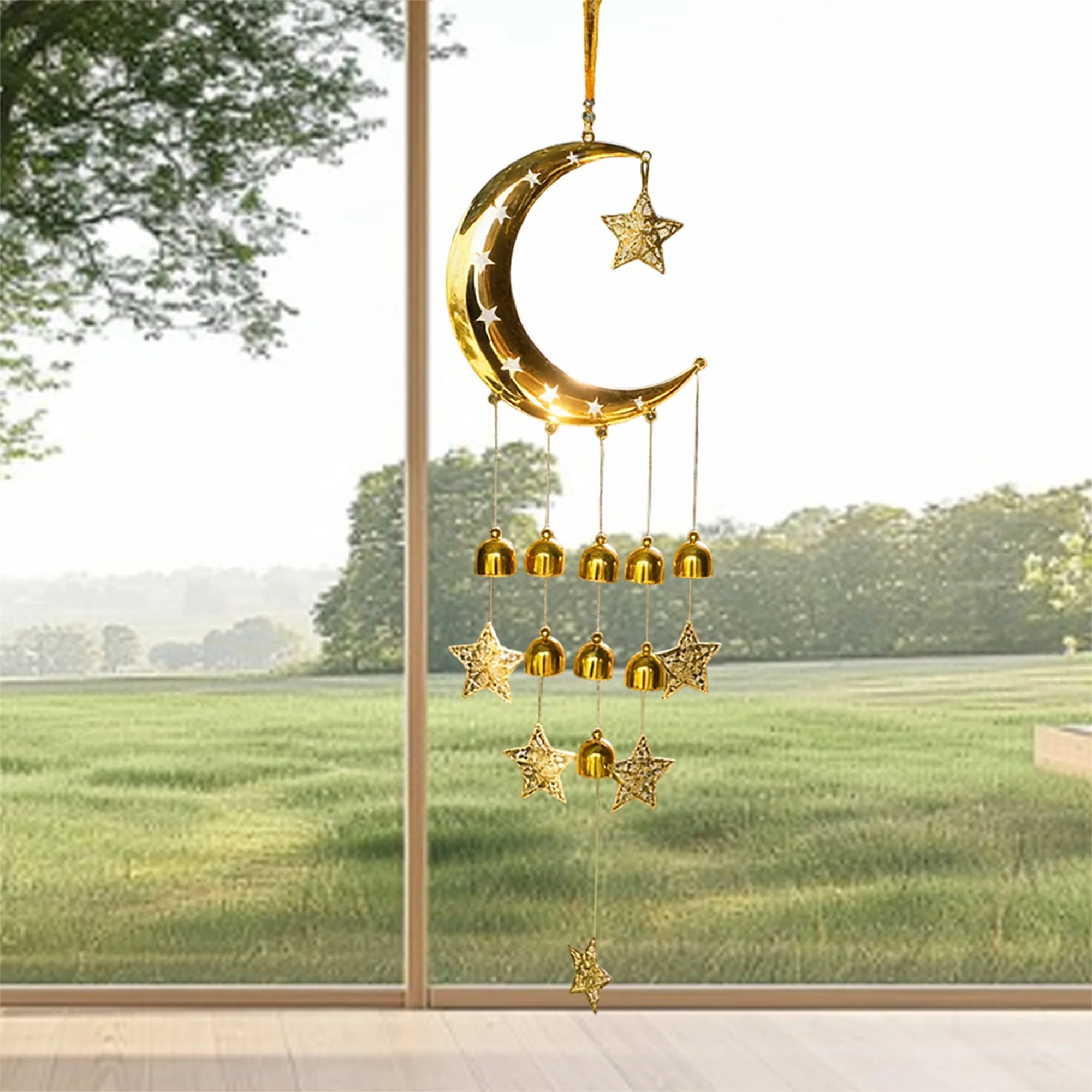 

Металлическая музыка ветра «Небесная гармония» с колокольчиками и дизайном в виде луны и звезд для украшения сада на открытом воздухе