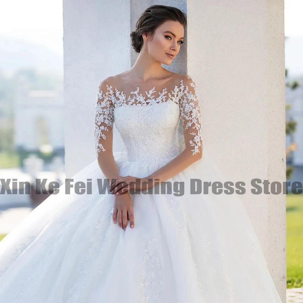 Sexy Elegant Fluffy Wedding Dresses Bridal Gown Round Neck Long Sleeves Vestidos De Novia Beautiful Bridal Dresses Lace Applique