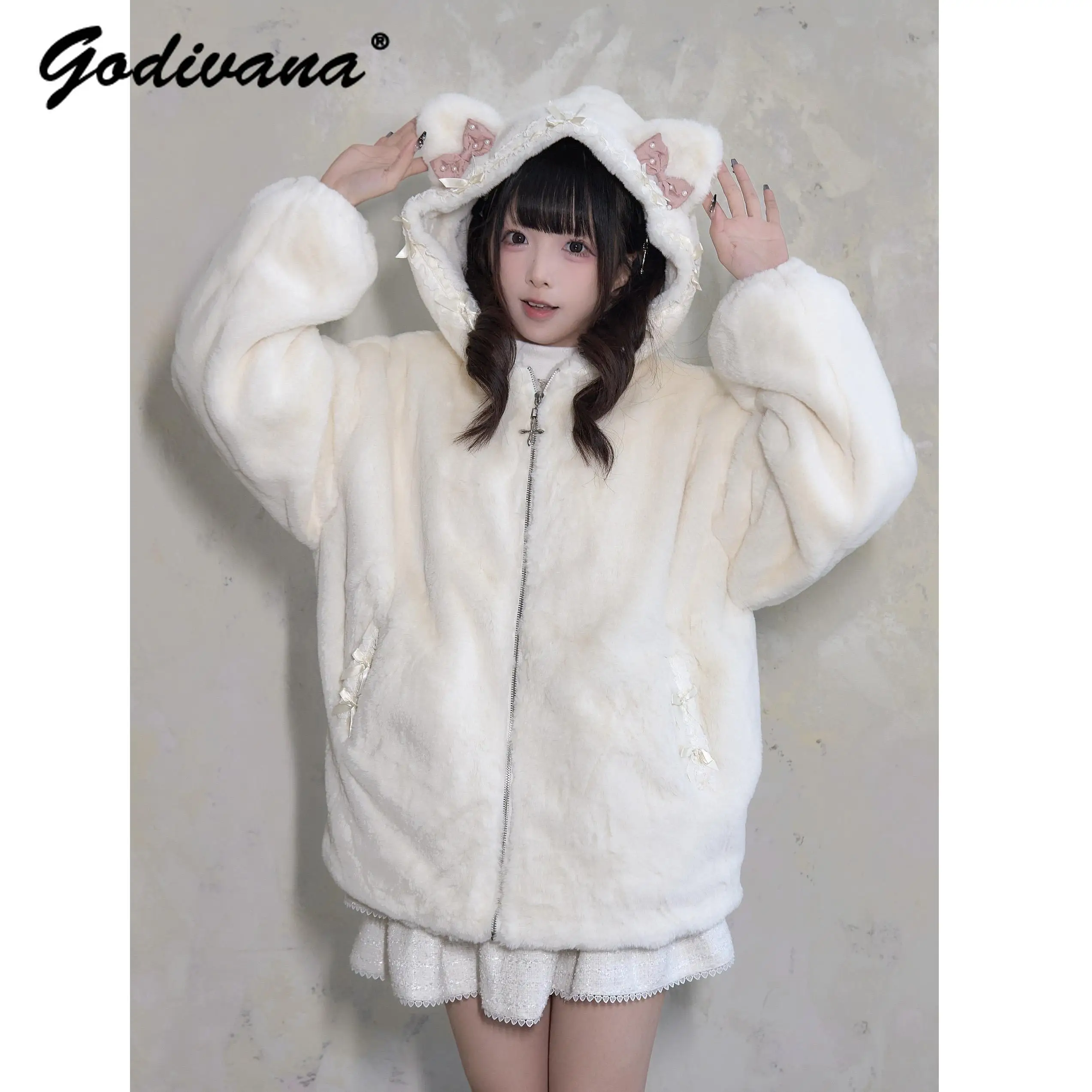 New Winter Cat Ear Plush Hooded Jacket Original Japanese Mine Mass Production Subculture Girls Cute Furry Warm Parka Coat