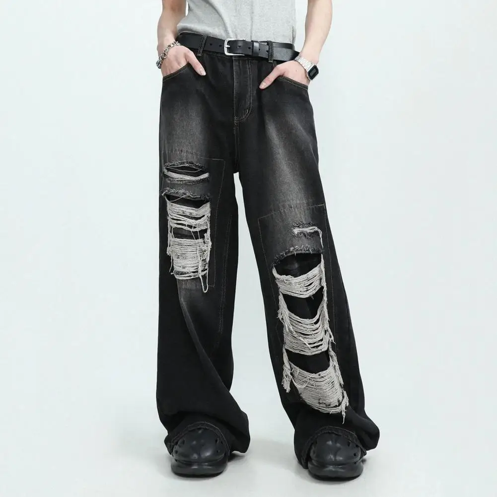 Men Jeans Hip Hop High Waist Wide Leg Loose Ripped Hole Denim Pants Gothic Vintage Pockets Full Length Male Trousers