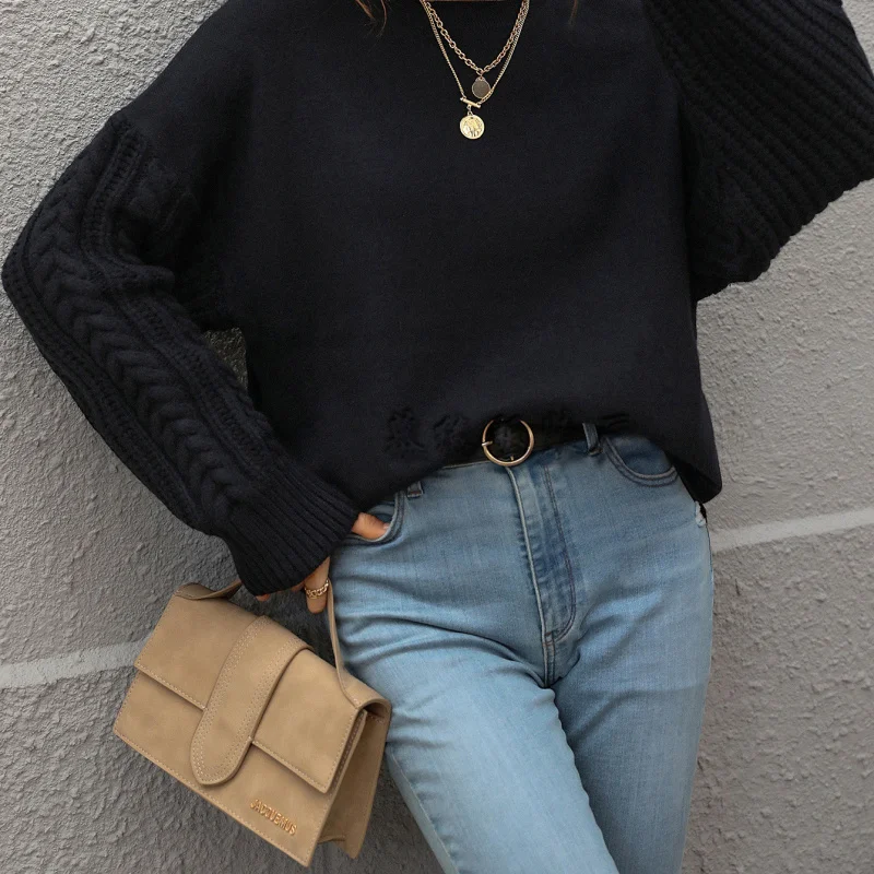 

Женский длинный вязаный свитер на осень-зиму, однотонный, с крупной вязкой, круглой горловиной, пуловер из смесового хлопка