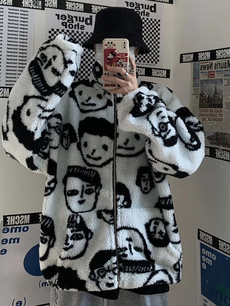 Lambswool Keep Warm Zipper Outerwear Korean Winter New Harajuku Lazy BF Style Coat Cute Cartoons Printing Full Sleeve Jacket