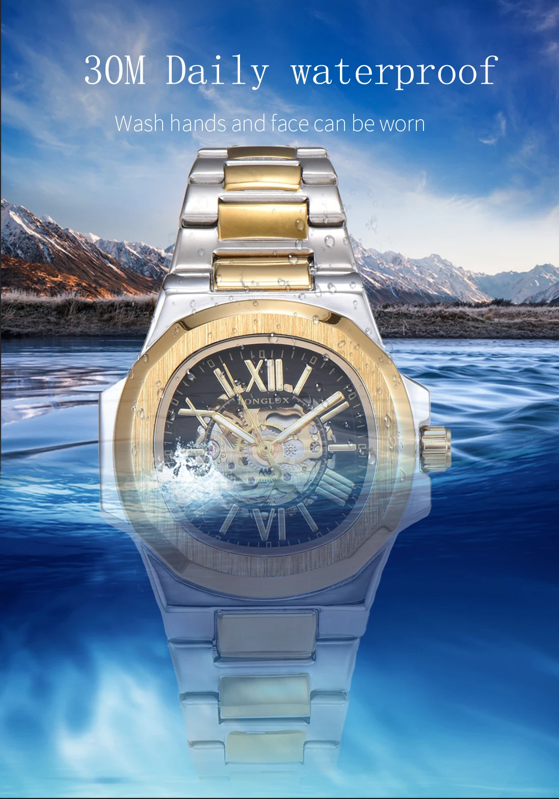 LONGLUX HOT SALE NEW Automatic Mechanical Men Watch Rome Business Waterproof Skeleton Luminous Stainless Steel Gift Watch