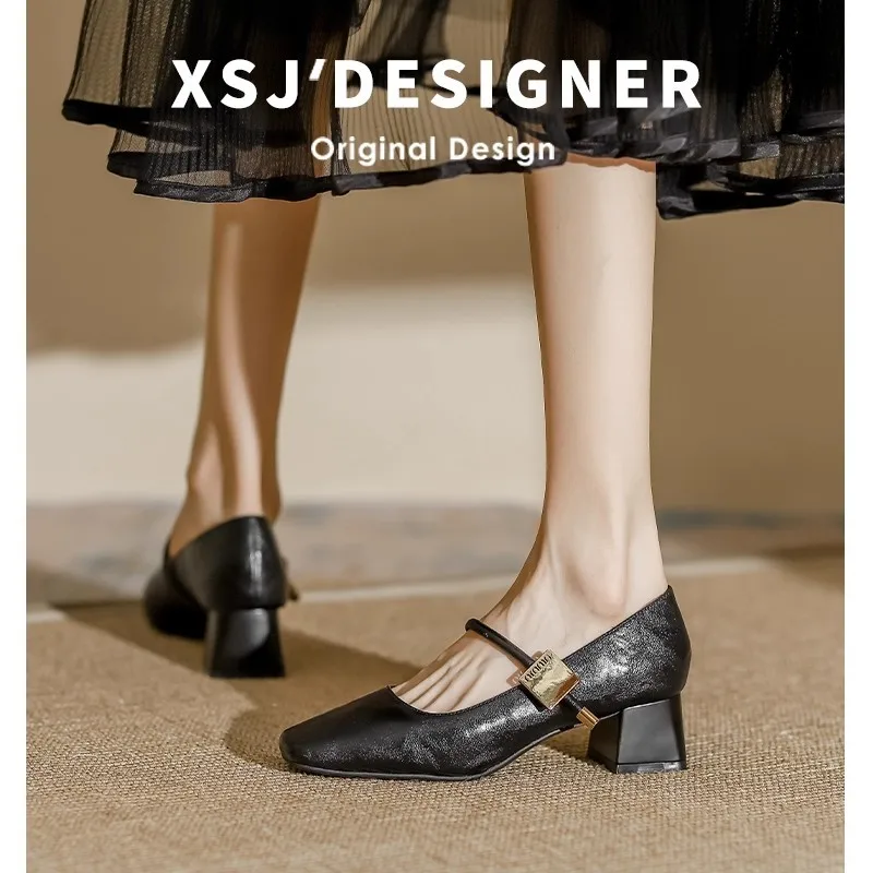 

Mary Jane Single Shoes Thick Heel Shoes Elegant Classic Retro Square Toe Comfortable Soft Shallow Cut Low Heel Women's Shoes