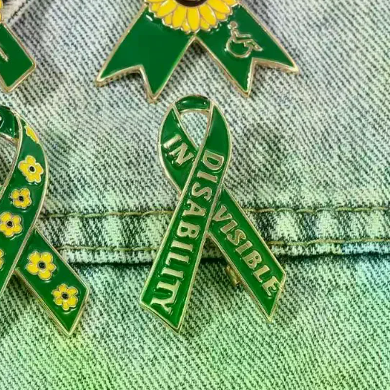 Sunflower Pattern Red Ribbon Theme Lapel Pins Green Disability In Visible Enamel Brooches For Disabled Person