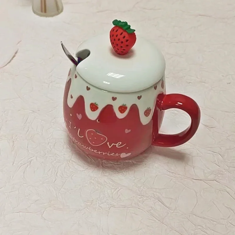 Fruit Strawberry Ceramic Mug Office Cute Coffee Mugs with Lid Spoon Breakfast Milk Cups Home Drinking Cup Couple Birthday Gift