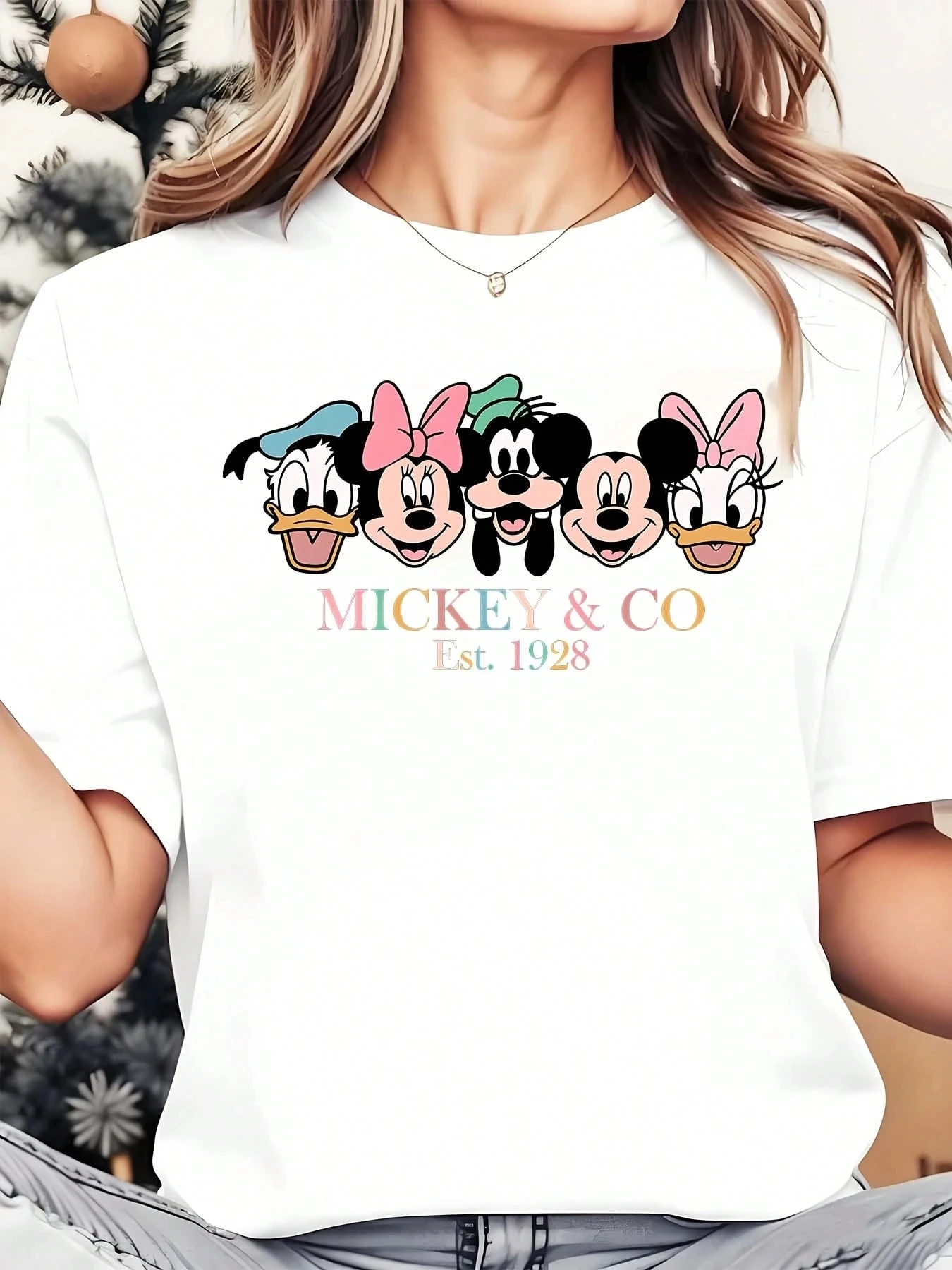 メンズとレディースのディズニー T シャツ ミッキー、ミニー、ドナルド、デイジー、ハイフライング プリント カジュアル ラウンドネック 半袖シャツ