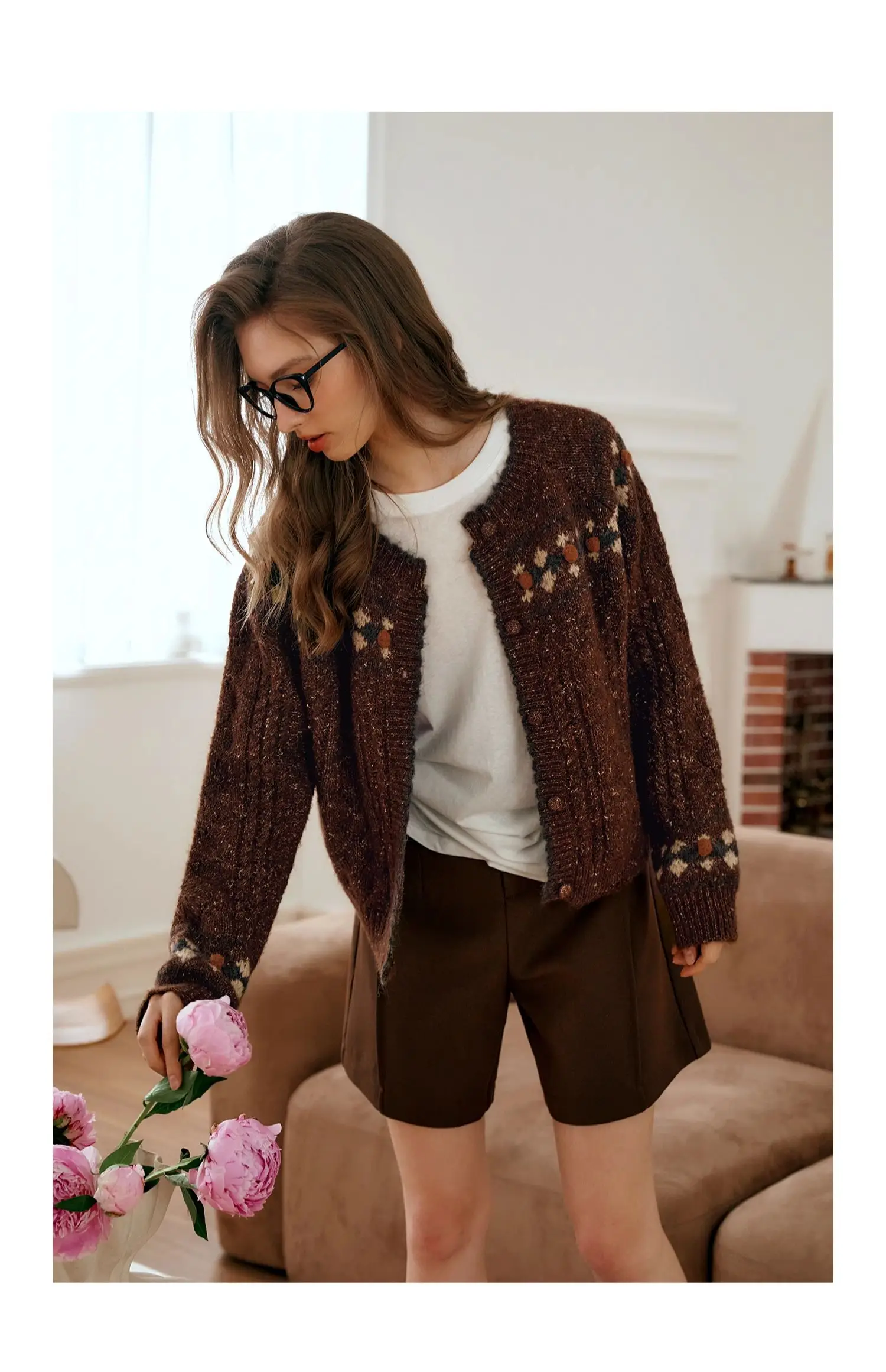 

OLrain женский осенний термокардиган французский винтажный вязаный жакет с длинными рукавами 2025 женский трикотаж с круглым вырезом женский E56QM93089