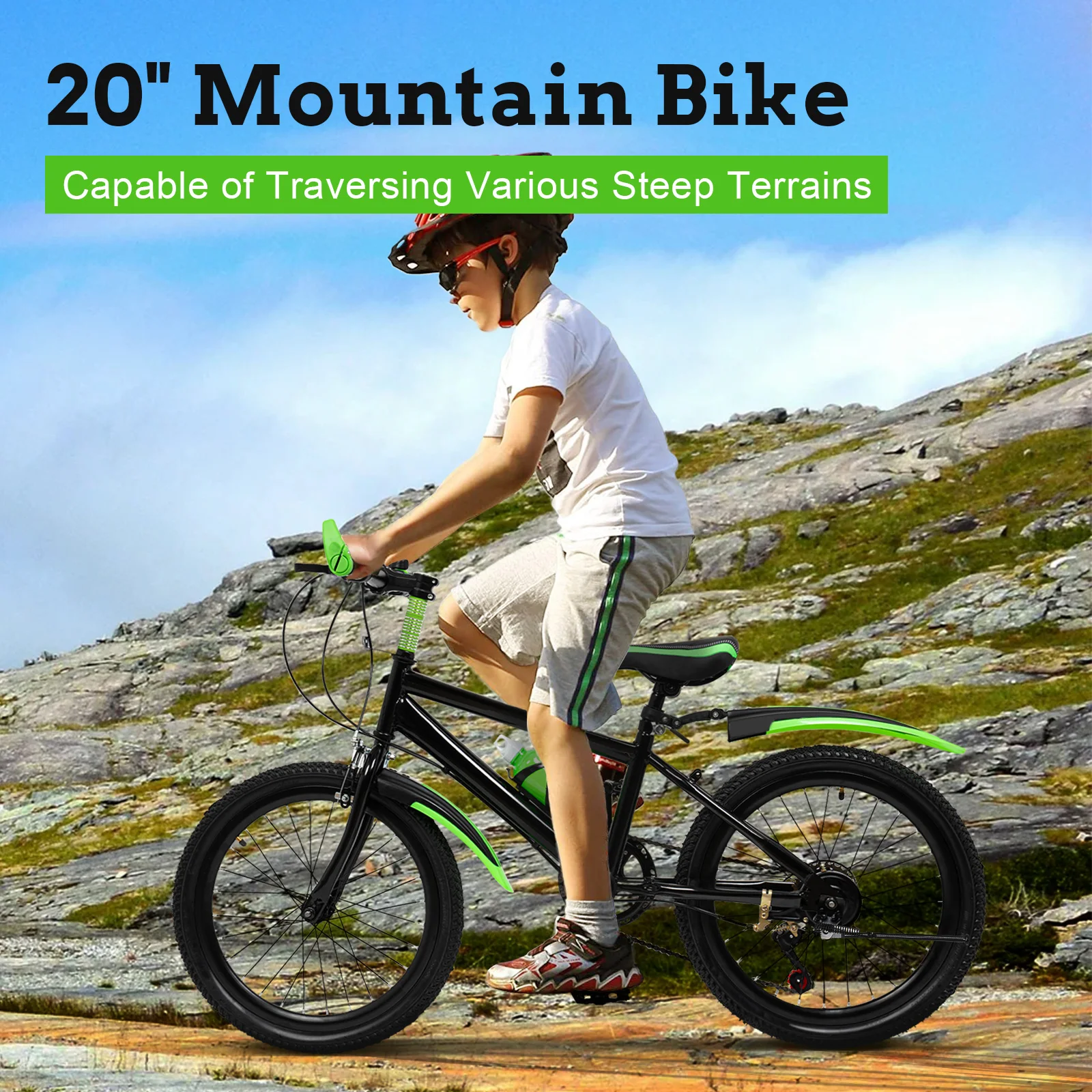 

20" 7-Speed Kids Mountain Bike & Double Disc Brake Child City Bike Carbon Steel Mountain Bike