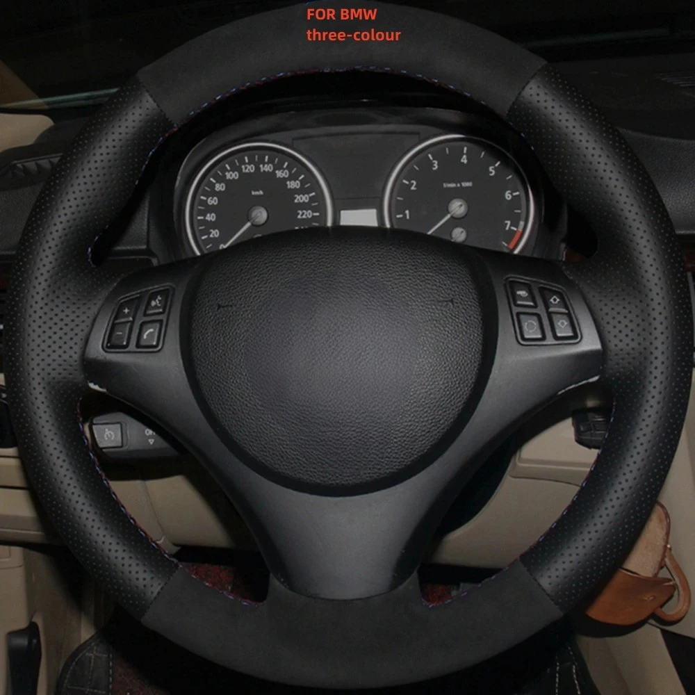 Non-slip Black Genuine Leather Black Suede Car Steering Wheel Cover For BMW E90 320i 325i 330i 335i E87 120i 130i 120d