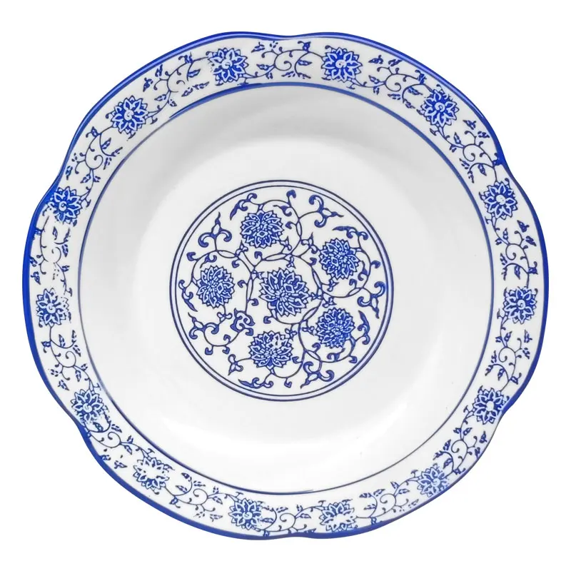 จานผัดลายครามสีน้ำเงินขาวสไตล์จีนโบราณ จานน้ำดอกบัว จานเย็น