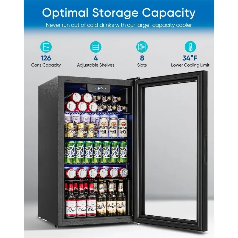 Beverage Refrigerator and Cooler - 126 Can Mini Fridge Glass Door for Soda Beer Wine - Freestanding Beverage Fridge for Bedroom