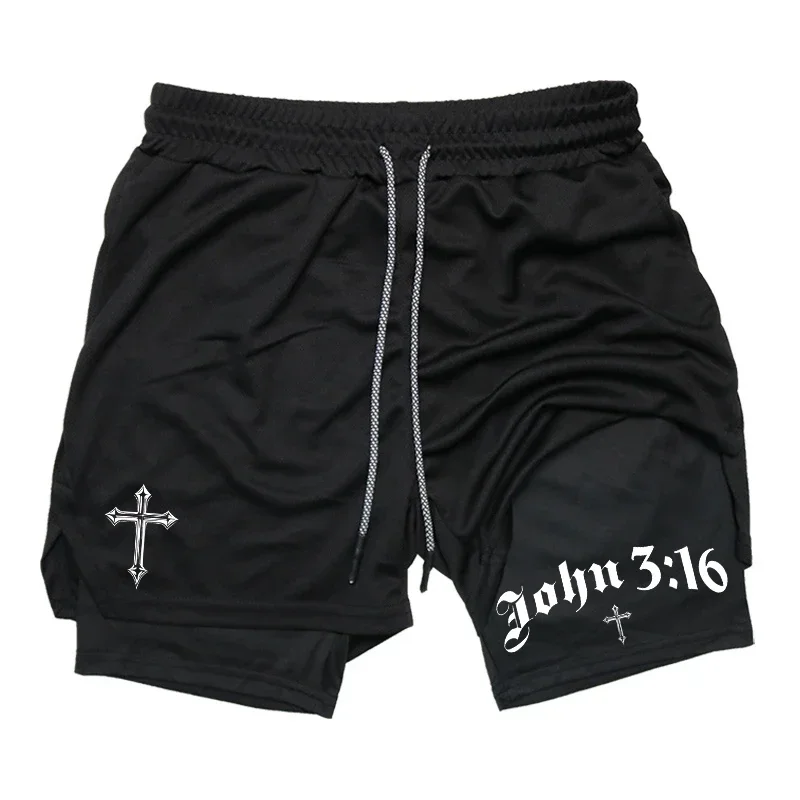 

Cross Print 2 in 1 Running Workout Gym Shorts Men Christian Athletic Performance Shorts with Phone Pocket Towel Loop Activewear