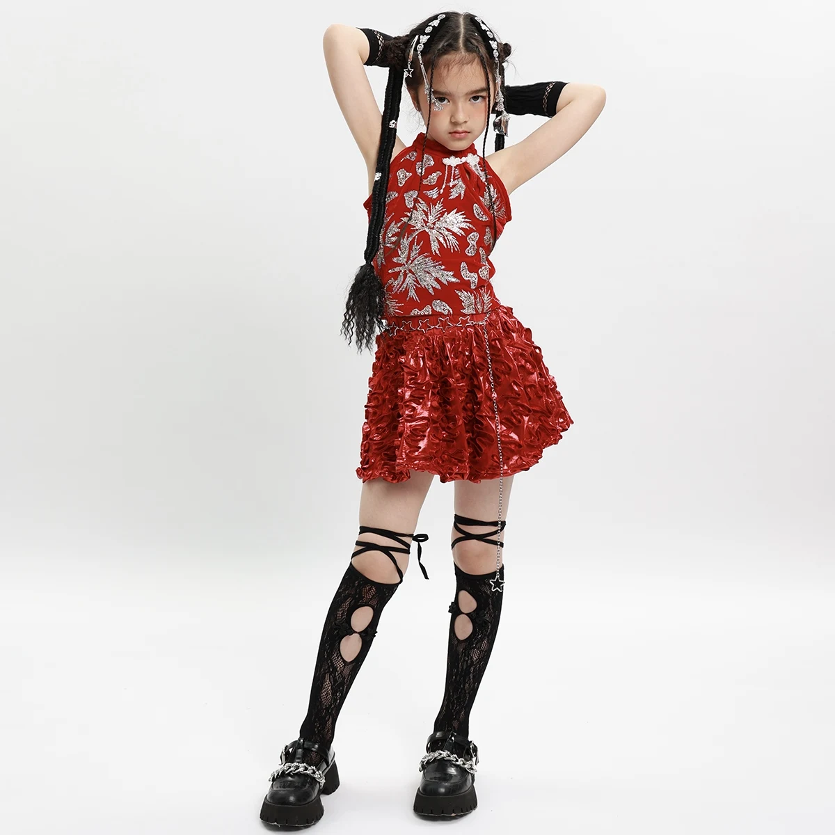 치어 리더 Kpop 복장 소녀 재즈 댄스 의류 레드 스팽글 파티 의상 무대 공연 정장 스트리트 댄스웨어 XS9491
