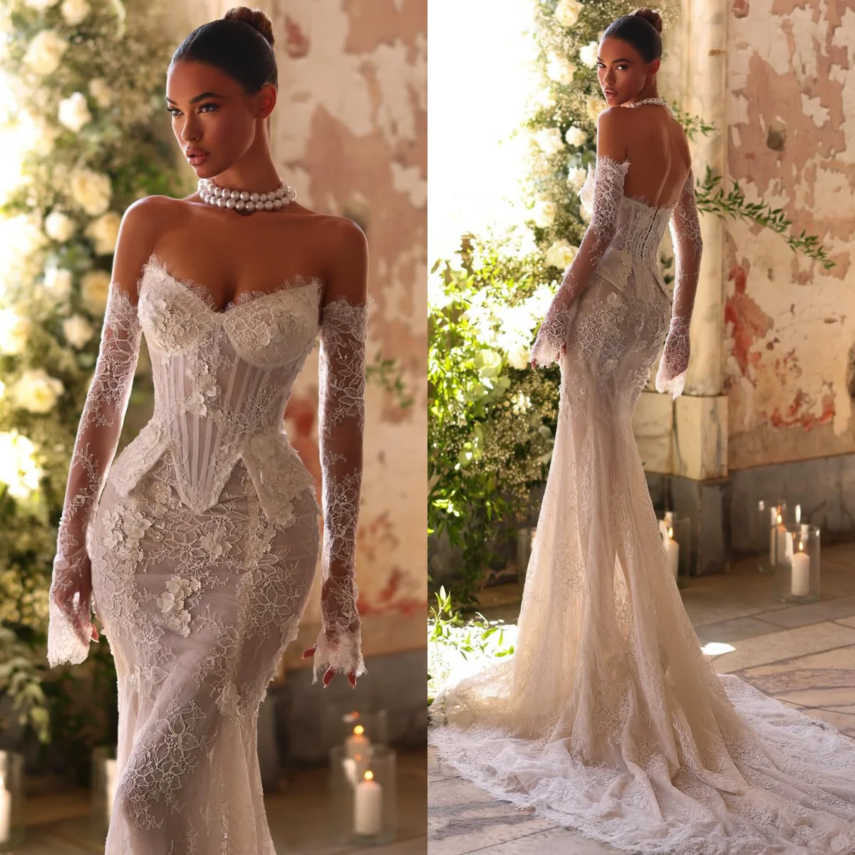 

Exquisite Ivory Lace Wedding Dress Corset Mermaid Sweep Train Bridal Gowns Customized Elegant Vestido de novia