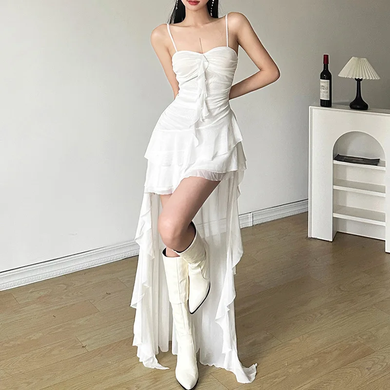 

Women's Camisole Dress Sleeveless Off-shoulder Backless Ruffle Mesh Dress Asymmetrical Solid Slim Fit Fashion Party Nightclub ﻿