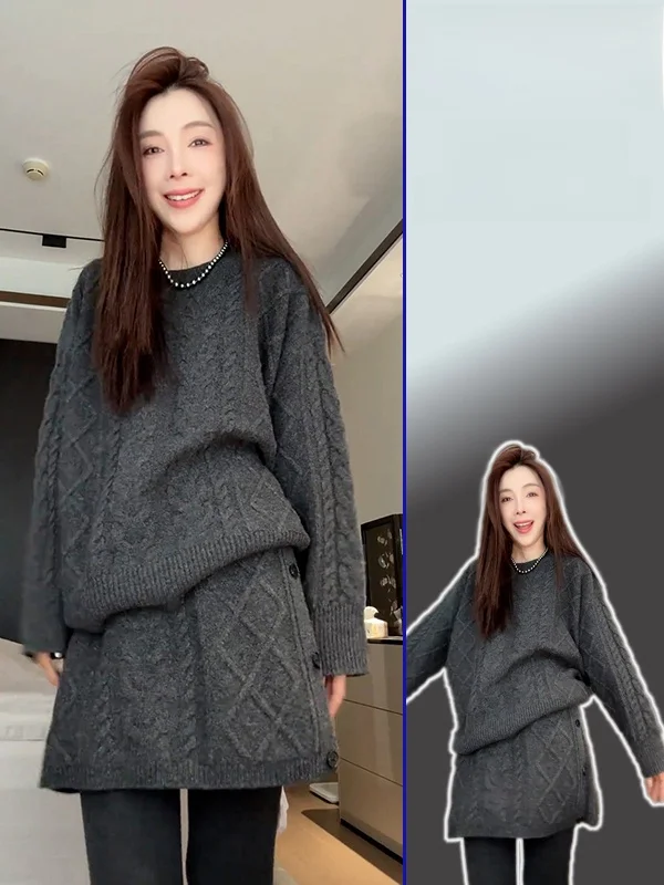 

Комплект из двух предметов: вязаный свитер большого размера и юбка с завышенной талией, корейский стиль, круглый вырез, узор из скрученной пряжи, зимняя мода