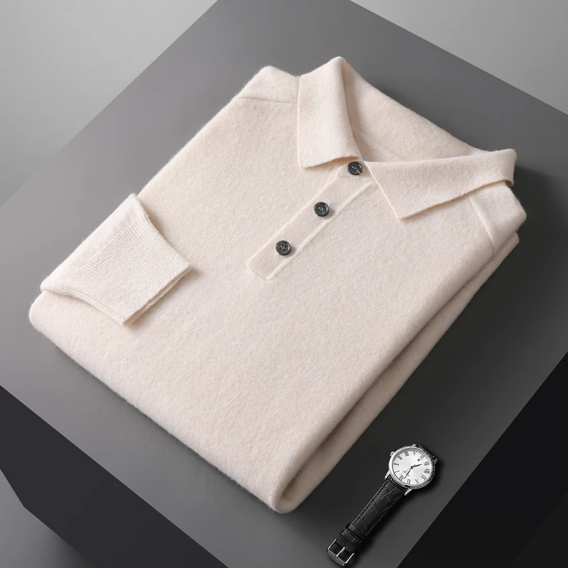 Autunno e inverno nuovo maglione colletto POLO da uomo Pullover lavorato a maglia 100% pura lana Business Casual camicia a maniche lunghe abbigliamento da uomo