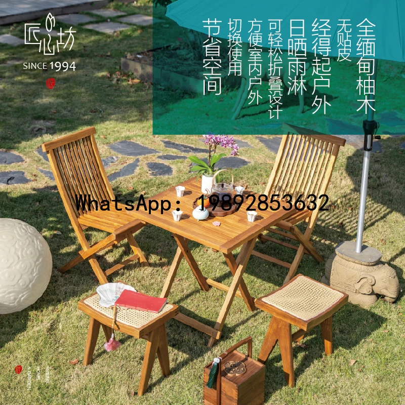 XL Balcony Solid Wood Table and Chair Set Courtyard Leisure Outdoor Foldable Chair Burmese Teak Villa Tea Table