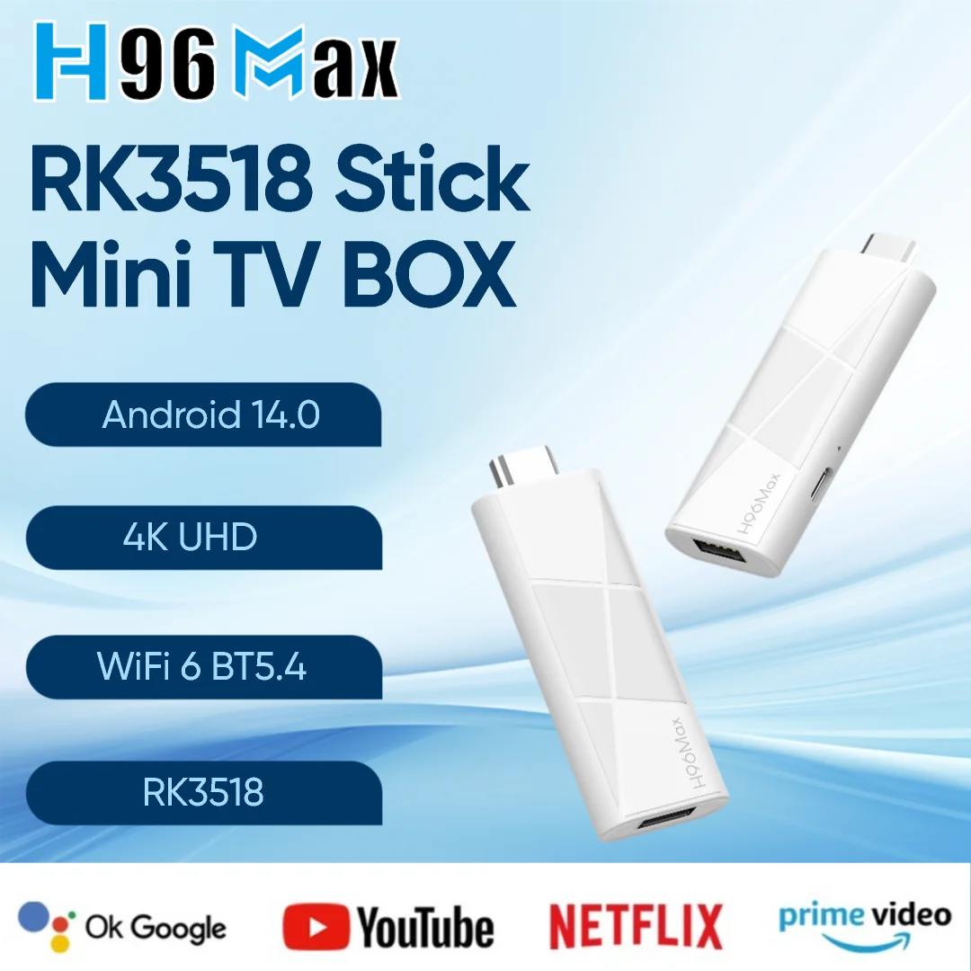 H96 MAX RK3518 TV Stick Android 14.0 أبيض أسود Mini TV BOX 4K WiFi 6 BT5.4 8GB/16GB Google Voice Mini Smart Streaming Dongle