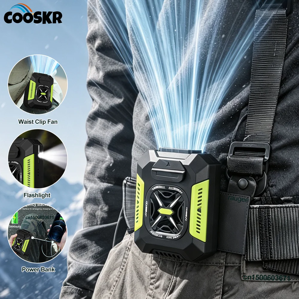 Ventilador Portátil de Cintura com Clip, Ventilador USB Recarregável 5000mAh, Ventilador de Cintura para Camping ao Ar Livre com Power Bank e Luz LED, Mini Ventilador Pessoal de Cintura