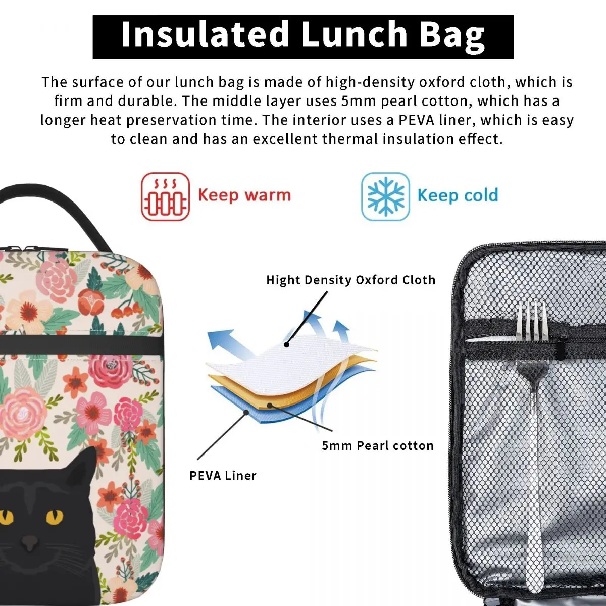 Raça Gato Preto Padrão Floral Lancheira Fundo Impermeável Pet Gatinho Refrigerador Térmico Comida Isolado Lunch Bag Escola Estudante