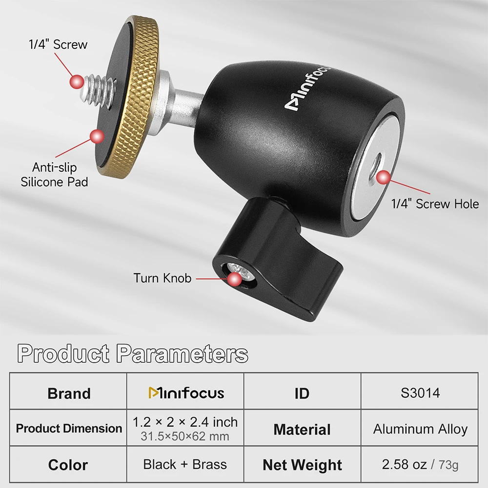 Minifocus Mini trépied rotule avec vis 1/4 pouces pivotant à 360 degrés en alliage d'aluminium photographie rotule trépied pour appareil photo reflex numérique