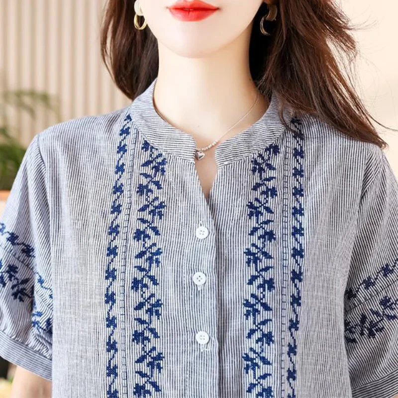 Vintage Stand Collar Pullover Top Tee 100% Cotton Summer Women's Clothing Grey Stripe Embroidery Printing Loose-fitting T-Shirt