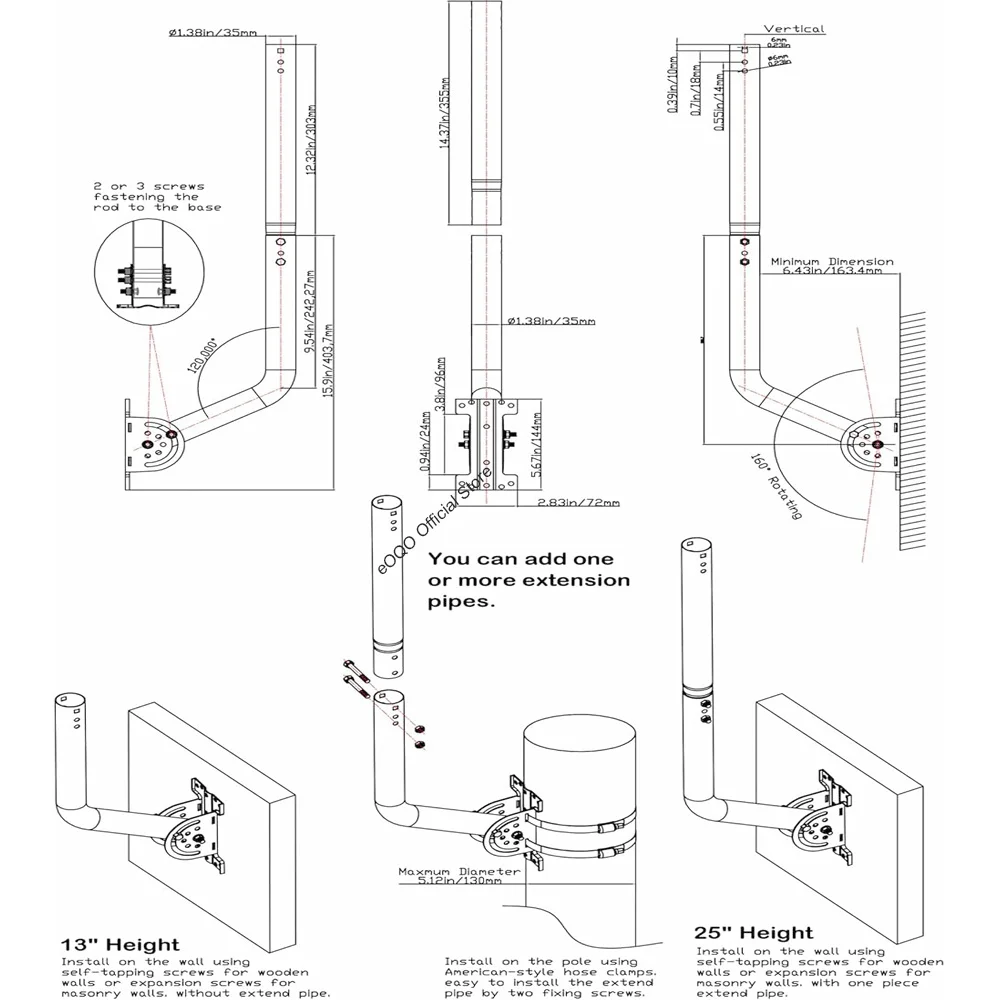Universal Adjustable TV Antenna Pole Mount,J-Mount Solid Mast(1.38''x24''Rod)for Long Wall,Roof,Heavy Duty Pivot Install Bracket