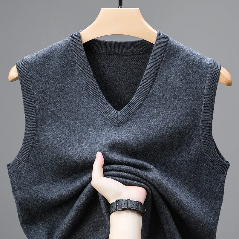 KIDWHXR Men Knitted Vest Autumn Slim Soid V-neck Sleeveless Male Sweater Pullovers Business Casual Comfortable Man Waistcoat view 4