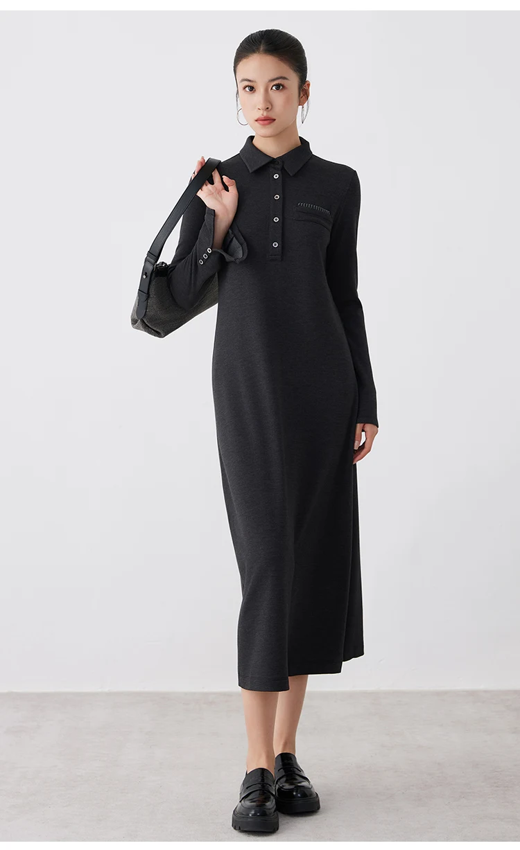 K2690W Acetat-Wollkleid für Herbst und Winter, Midi-Länge, lange Ärmel, hochwertige Luxus-Damenbekleidung – Detail 5