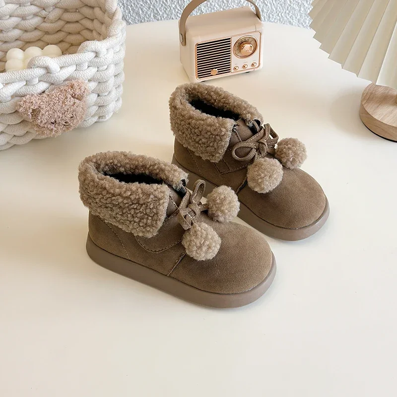 New Kids Snow Boots Winter Cute Girls Platform Ankle Boots Sweet Soft Hairball Warm Plush Children Fashion Causal Cotton Boots