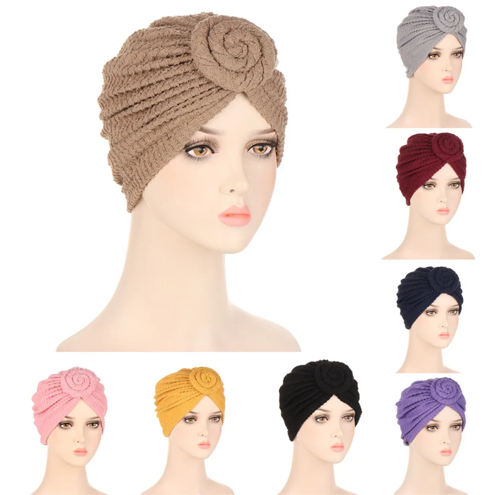 

Indian Women Muslim Hijab Knot Pleated Chemo Cap Solid Color Beanie Hair Loss Hat Bonnet Femme Headband Turbante Headscarf Wraps