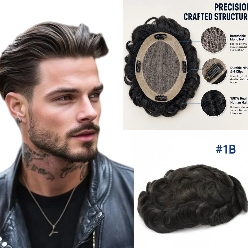 Mens Toupee Real Human Hair Mono+NPU Base 7x9cm 6inch With Clips 30mm Wave 130% Hand-Tied For Frontal Hair Loss Stock 72H Ship
