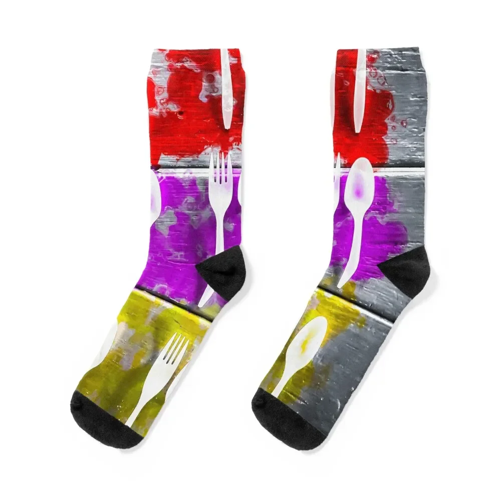 

fork and spoon with splash painting texture abstract background in pink red yellow Socks cotton luxury Men Socks Women's