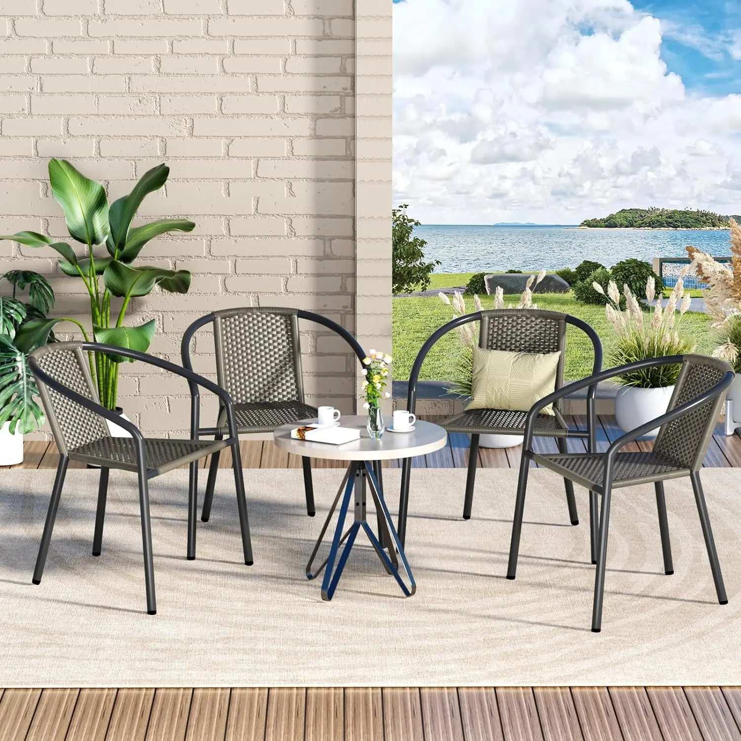 

Patio Dining Chairs Set of 4, Outdoor Rattan Stackable Chairs, Metal Heavy Duty Portable Chair with Armrests for Porch Pool