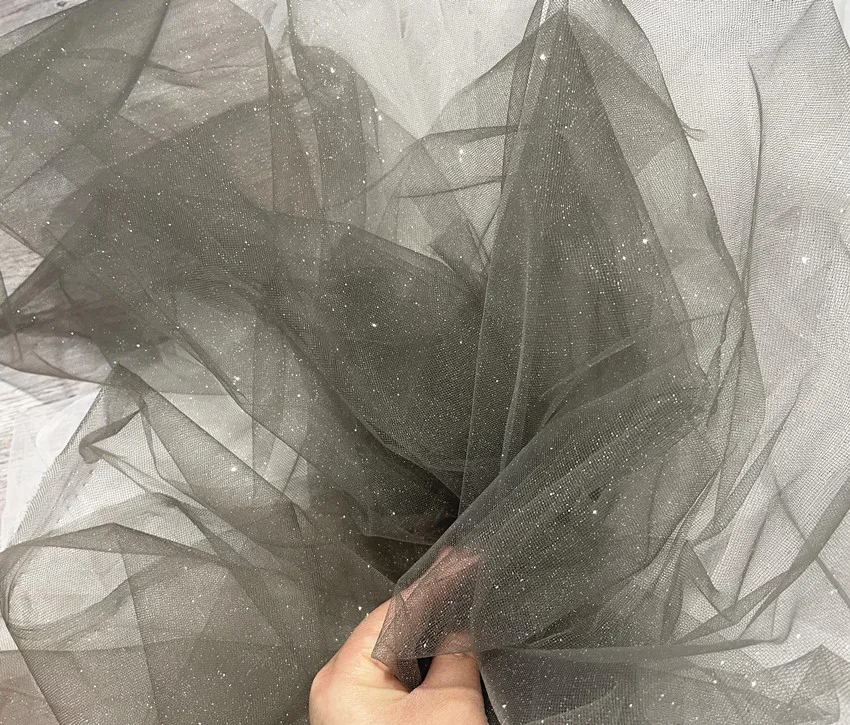 Gray Champagne Fine Glitter Medium Hard Shiny Transparent Mesh Background Layout Draping Fabric for Wedding Dress Fabric