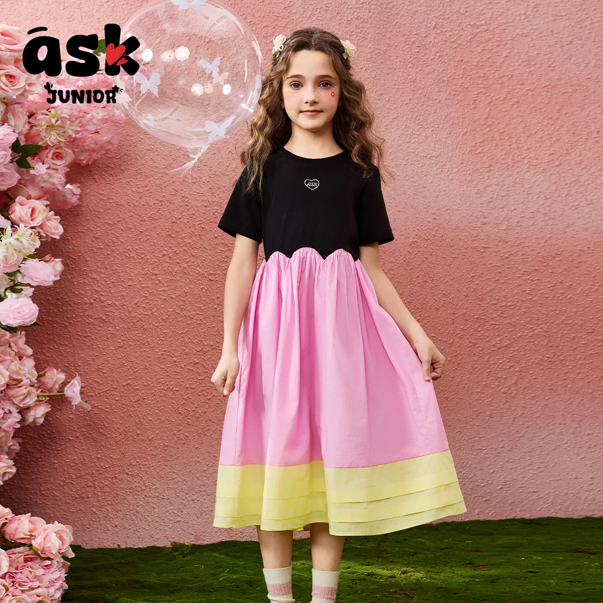 تي شيرت صيفي قصير الأكمام للأطفال الصغار من Ask Junior، فستان متوسط الأكبر سنًا للأطفال بألوان متباينة للفتيات بحاشية على شكل ورقة اللوتس #6