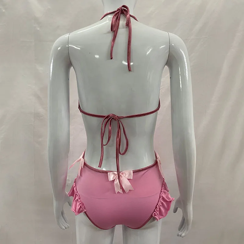 Pink Halter Cut Out One Piece Swimsuit Women Bow Ruffle Deep V Slim Beach Monokini Bodysuit - view 2