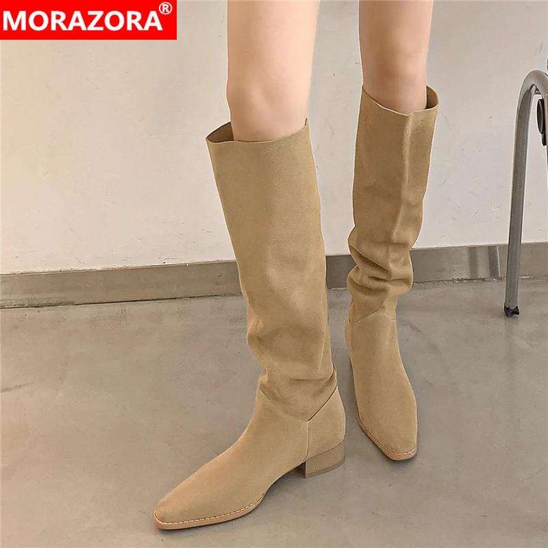 MORAZORA 2024 New Suede Leather Women Boots Slip On Pleated Knee High Boots Women Square Low Heel Autumn Winter Boots Shoes