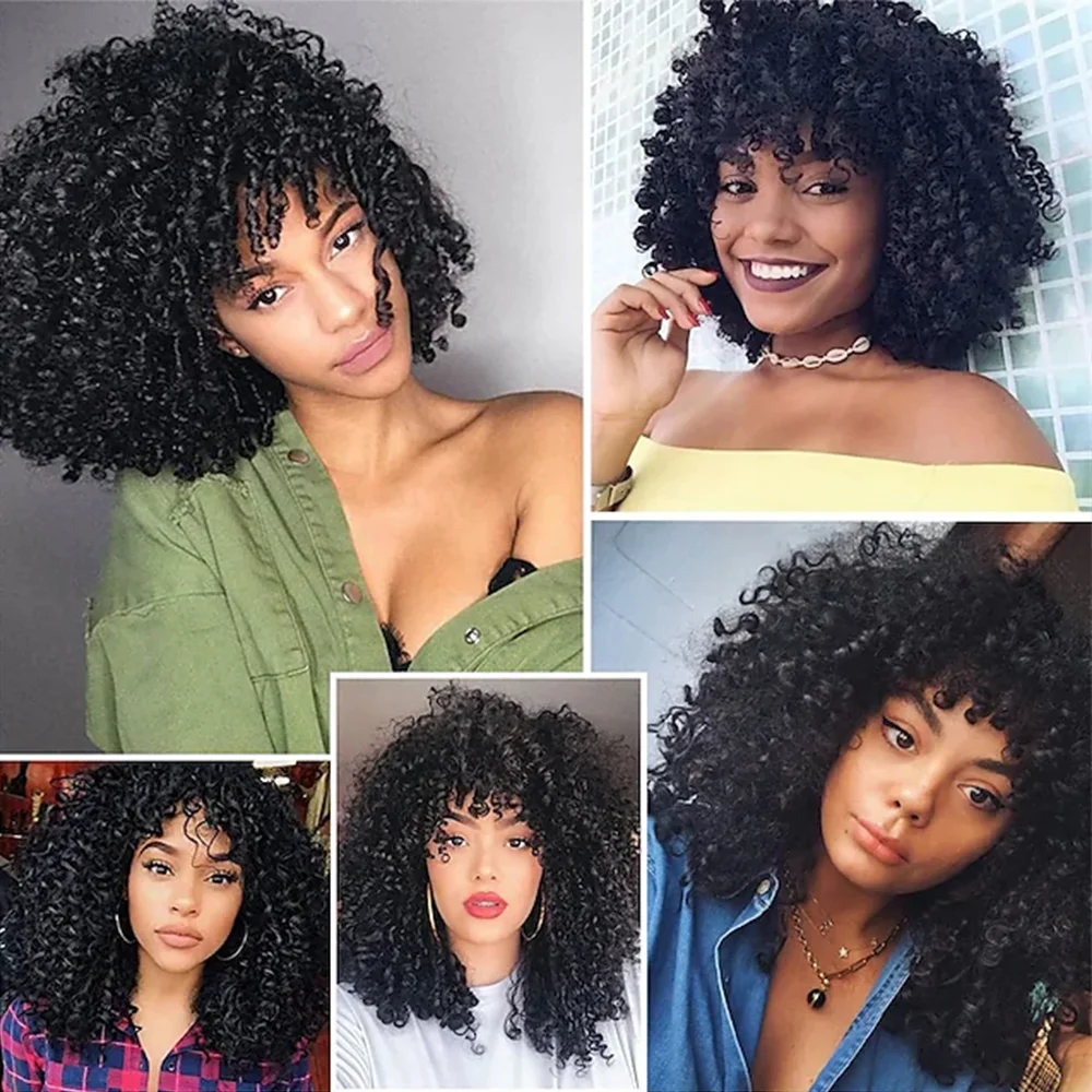 Parrucche corte Afro crespi ricci con frangia per le donne parrucche Cosplay Glueless sintetiche per capelli neri fibra ad alta temperatura