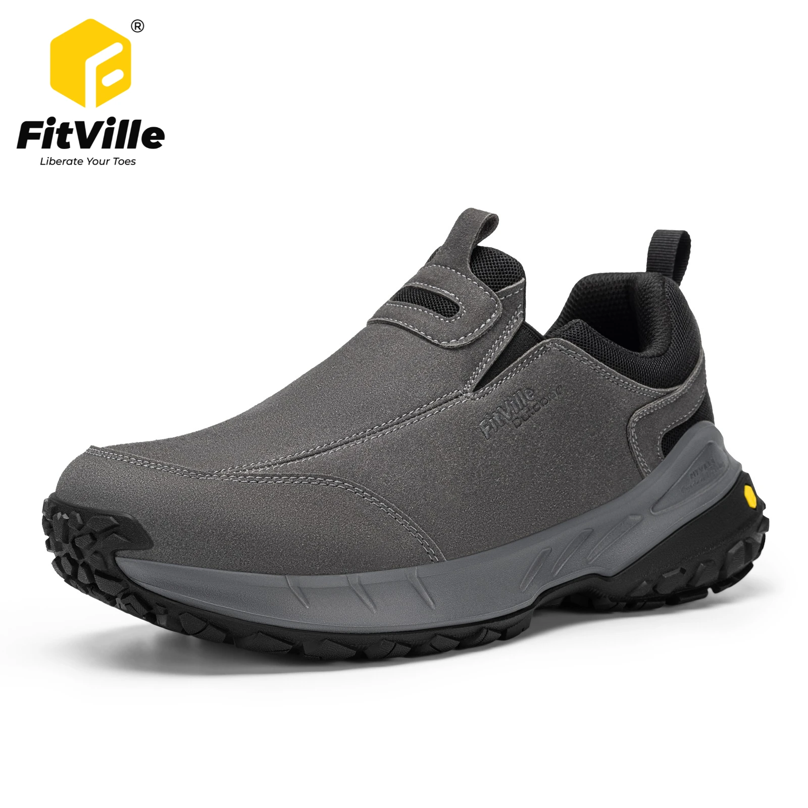 FitVille Men's Wide Toe Hiking Shoes Slip on Walking Loafers Flat Feet Non-slip Trekking Shoes for Men Easy Wear Comfort Autumn