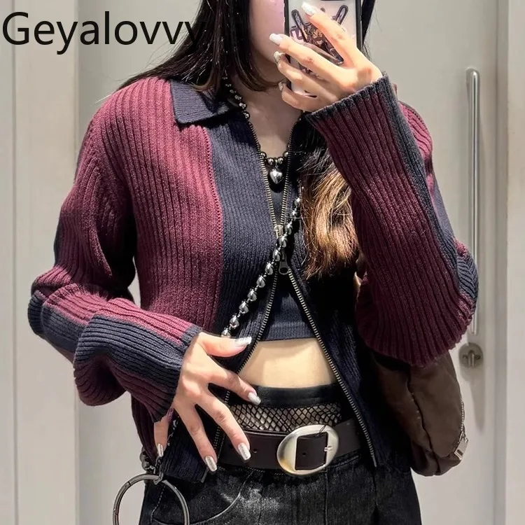 

Короткие вязаные кардиганы в японском стиле с цветными блоками и маленькими лацканами на молнии спереди, пальто, осенне-зимний модный повседневный кардиган, свитер